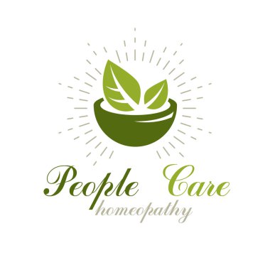 Havan ve topuz, yeşil yapraklardan oluşan grafik vektör sembolü. Tıp, rehabilitasyon veya farmakolojide kullanılmak üzere Homeopati yaratıcı logosu.