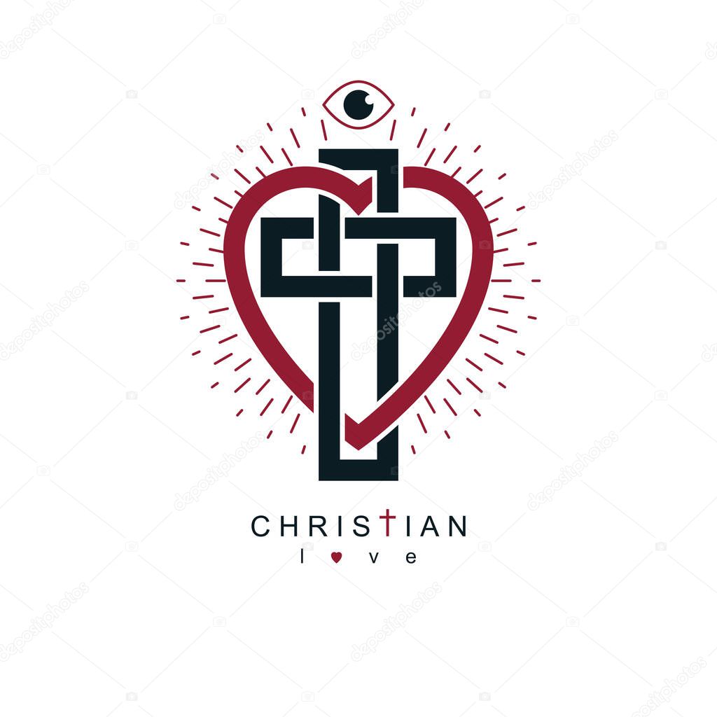 Christian Love and True Belief in God vector creative symbol design, combined with Christian Cross and heart, vector logo or sign.
