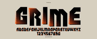 Logo ve posterler, vektör kentsel yazı tipi, siber punk fütüristik tarzında modern ekran tipografisi için yarım tonda noktalı geometrik vahşi ve kalın yazı tipi.