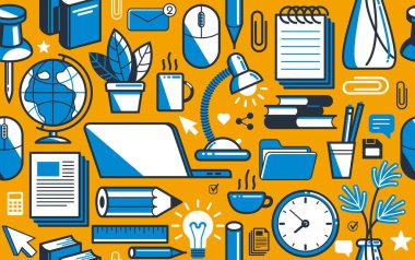 Ofis ya da uzak iş geçmişi, PC ve kağıtlar iş yeri masa başı işi sonsuz duvar kağıdı, tüm unsurları simge ya da illüstrasyon olarak ayrı ayrı kullanmak kolay.