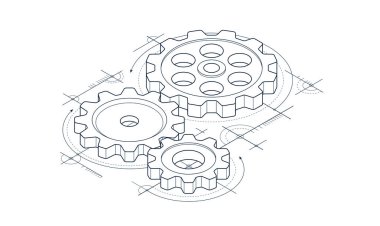 Mühendislik eğitimi konsepti, dişliler ve dişliler bileşimi izometrik 3D vektör çizimi, üniversitede fen eğitimi, mühendislik öğrenimi.