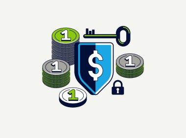 Mali güvenlik vektörü ayrıntılı ikon, kalkan ve para bileşimi, güvenli banka hesabı, güvenli özel finansman.