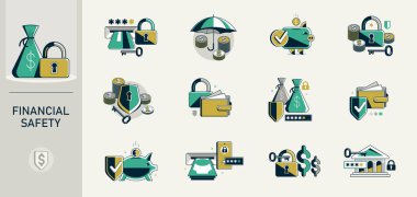 Mali güvenlik vektörü ayrıntılı simgeler, güvenli hesap ve işlemler, korunan finans parası.