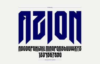 Manşetler için keskin ve kalın gotik yazı tipi, köşeli geometrik modern vektör yoğunlaştırılmış yazı tipi, heavy metal ve hard rock tarzı alfabe numaraları..