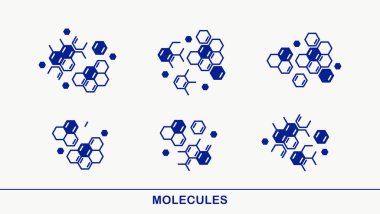 Kimyasal moleküller vektör simgeleri seti, kimya bilimi teması, laboratuvar araştırmaları ve deneyleri, farmakoloji ve sağlık hizmetleri.