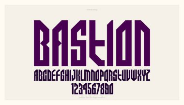 Logo oluşturulması için kalın, uzun ve ağır geometrik yazı tipi, modern geometrik vektör yazı tipi, yoğunlaştırılmış tipografi, yuvarlak elementler yok, sadece köşeler ve düz çizgiler geometri.