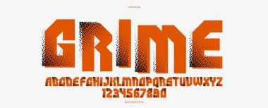 Logo ve posterler için fütürist siber punk yazı tipi, vektör acımasız sanayi tipi alfabe harfleri ve rakamları, şehir teknolojisi gelecek tipografisi..