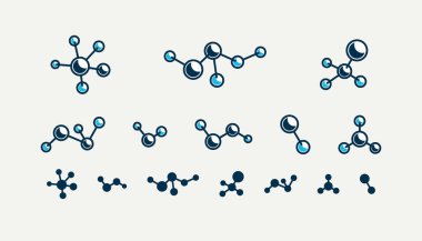 Kimyasal moleküller vektör simgeleri seti, kimya bilimi teması, laboratuvar araştırmaları ve deneyleri, farmakoloji ve sağlık hizmetleri.