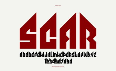 Logo, gotik veya ağır metal tarzı modern yazı tipi, keskin sert rock harfleri ve başlık veya sloganlar için rakamlar alfabesi için keskin ve kalın vektör yazı tipi, ağır tipografi.