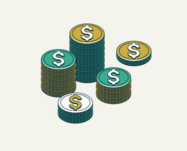 Bozuk para vektörü, nakit yığını simgeleri veya illüstrasyonlar 3d izometrik biçim, başarı veya kumarhane oyunu teması, hazineler.