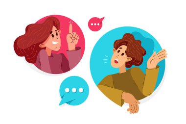 Two people talking online via some messenger with speech boxes, vector illustration of online video dialog, couple in speech bubbles. clipart