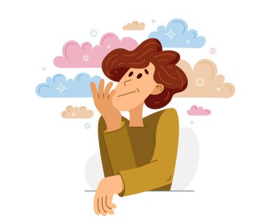 Genç adam bazı sorunları düşünüyor ve çözüyordu. Şüpheleri ve fikirleri olan bir adamın vektör çizimi. Analiz ya da hayal kurma..