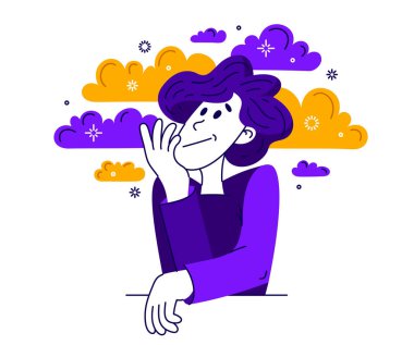 Genç adam bazı sorunları düşünüyor ve çözüyordu. Şüpheleri ve fikirleri olan bir adamın vektör çizimi. Analiz ya da hayal kurma..