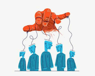 Zehirli bir manipülatörün eli kurbanlarını kontrol eder, sosyal zombiler konsepti, sosyal manipülasyonlar diktatörlük ve kontrol, kültürel kod, psikolojik manipülasyonun vektör çizimi.