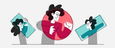 Farklı dünya görüşleri, farklı şekil ve renkte genç insanlar, bir kişinin rahat ve olumlu bir ideolojisi ve görüşü var ve diğerleri rahatsız edici, zihin prizması, vektör....