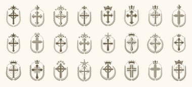 Vintage Christian vektör logolarını veya amblemlerini çaprazlar, Heraldik tasarım elementleri büyük set, klasik tarz habercilik din sembolleri, antika tasarımlar.