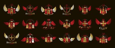 Vintage şatolar vektör logoları veya amblemler, Heraldik tasarım elementleri büyük set, klasik habercilik mimari sembolleri, antik kaleler ve kaleler.