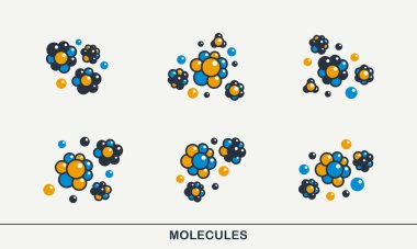 Molekül vektör simgeleri seti, kimya bilimi moleküler mikroskobik yapılar, laboratuvar deneyleri ve eğitim.