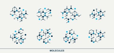 Molekül vektör simgeleri seti, kimya bilimi moleküler mikroskobik yapılar, laboratuvar deneyleri ve eğitim.