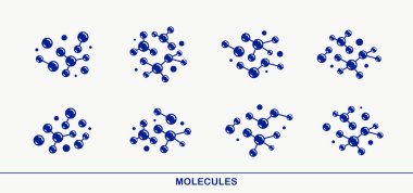 Molekül yapı vektör simgeleri seti, kimya moleküler mikroskobik yapı, bilim ve ilaç teması.