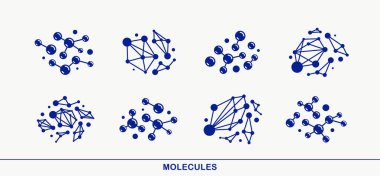 Molekül vektör simgeleri seti, kimya bilimi moleküler mikroskobik yapılar, laboratuvar deneyleri ve eğitim.