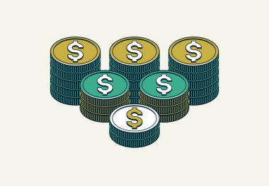 Bozuk para yığını vektörü, bozuk para yığını 3d izometrik, tasarruf hazineleri ve zenginlik teması, bütçe, döviz veya ikramiye konsepti.