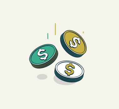 Düşen madeni paralar vektörü, para yağmuru, kumarhane ikramiyesi kazanma, nakit para konsepti, başarı ve işte zafer..