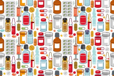 İlaç arşivsiz arka plan, vektör eczane ve farmakoloji sonsuz duvar kâğıdı, ilaç hapları ve şişeler ve ampule eczacı seramikleri deseni, ayrı kullanması kolay elementler..