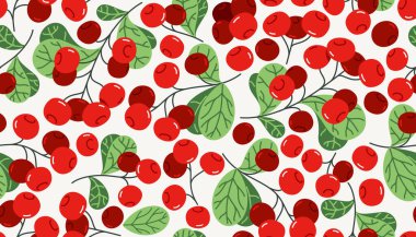 Kızılcıklar pürüzsüz arka plan, vektör kırmızı orman böğürtlenleri kiremit duvar kâğıdı, elementleri ayrı ayrı çizim olarak kullanmak kolay..