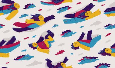 Hayalperestlerin kavramsal kusursuz arka planı, bulutların arasında uçan illüstrasyon vektörleri, hayal gücü özgürlüğü, rahatlama, huzur ve hipnotik duygular..