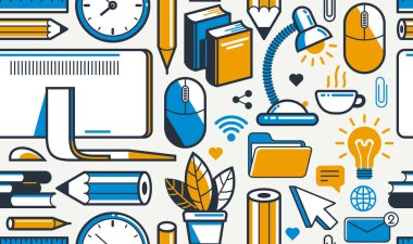 Ofis ya da uzak iş geçmişi, PC ve kağıtlar iş yeri masa başı işi sonsuz duvar kağıdı, tüm unsurları simge ya da illüstrasyon olarak ayrı ayrı kullanmak kolay.