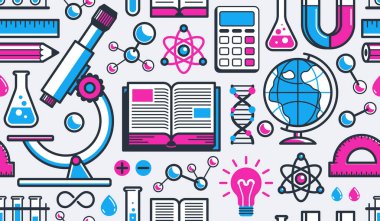 Bilimin kusursuz arkaplanı, kimya ve fizik, coğrafya ve matematik gibi farklı bilimlerin sonu gelmeyen tekerrür örüntüsünü oluşturan vektör, bir simge veya illüstrasyon olarak ayrı ayrı kullanılması kolay elementler..