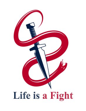 Hançer yılanı öldürür, yılanı yener, kılıç vektör klasik dövmenin etrafına sarar, Hayat bir dövüş konseptidir, alegorik logo ya da antik sembolün amblemidir..