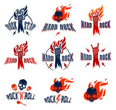 Alevler içinde rock el işareti, ateşli müzik Rock and Roll hareketi, Hard Rock festivali konseri veya kulüp, vektör etiketleri amblem veya logolar, müzik aletleri mağazası veya kayıt stüdyosu.