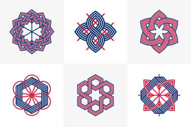 Birleştirilmiş çizgiler, vintage biçim simgeleri koleksiyonu, soyut geometrik doğrusal semboller vektör kümesi, logo oluşturma için grafik tasarım ögeleri.