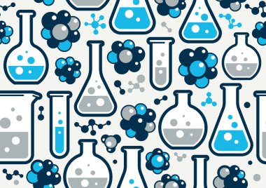 Kimya derlenmemiş arka plan, kimyasal laboratuvar. Moleküller ve mataralarla sonsuz desen. Duvar kağıtlarını ayrı ayrı kullanması kolay elementlerle tekrar et..