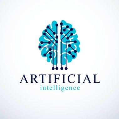 Yapay zeka konsept vektör logosu tasarımı. Elektronik teknoloji elementleri ikonu olan insan anatomik beyni. Akıllı yazılım, akıllı makineler ve bilgisayar programları hakkındaki fütüristik fikir.