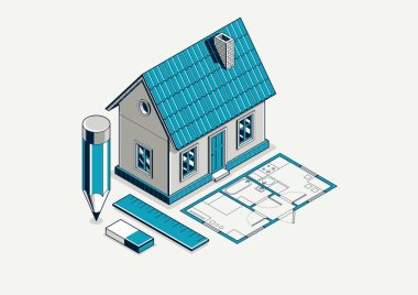 Ülke ya da kasaba evi proje konsepti, küçük bir ev inşaatı projesinin 3 boyutlu izometrik çizimi, köy veya kenar mahallelerdeki kırsal küçük ev.