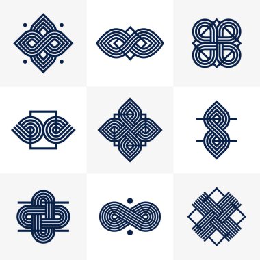 Soyut geometrik doğrusal semboller vektör seti, logo oluşturma için grafik tasarım unsurları, iç içe geçmiş çizgiler vintage biçim simgeleri koleksiyonu.
