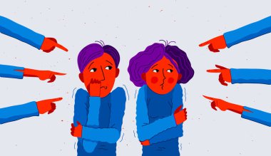 Utanç verici ve suçlayıcı vektör konsepti, elleri genç çifti işaret ediyor rahatsız ve korkmuş, sosyal gruplarda zalim ve hoşgörüsüz davranış ayrımcılığı sorunu.