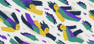 Hayalperestlerin kavramsal kusursuz arka planı, bulutların arasında uçan illüstrasyon vektörleri, hayal gücü özgürlüğü, rahatlama, huzur ve hipnotik duygular..