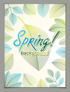Tasarım dikey afiş logo, yeşil ve taze yazarak bahar ile çerçeve kompozisyon arka plan bırakır. Sezonluk kart, yükselme teklif etmek. Şık şık botanik çizim, ortam.