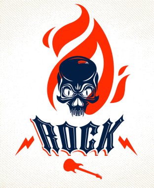 Skull on fire Rock and Roll vektör logosu veya amblemi, agresif kurukafa alevler içinde Hard Rock etiketi, Punk müzik festivali konseri veya kulüp, müzik aletleri dükkanı veya kayıt stüdyosu.
