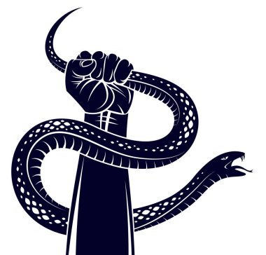 El yılanı sıkar, kötülüğe karşı savaşır, karanlık tarafını kontrol eder, iç çatışma, arketip gölge, hayat bir dövüş konseptidir, klasik vektör logosu veya dövmedir..