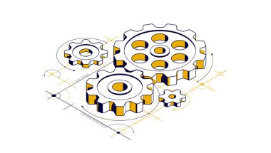 İcat yenileme ve geliştirme konsepti, kaba mühendislik çizimi olan dişliler ve dişliler izometrik üç boyutlu vektör çizimi, teknoloji teması, makine ve motor oluşturma.