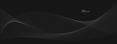Gri soyut arkaplan, siyah üzerinde akmakta olan parçacıkların vektör dalgası, hareket halindeki kıvrımlı noktalar, teknoloji ve bilim teması, hava ve kolaylıkla fütüristik illüstrasyon.