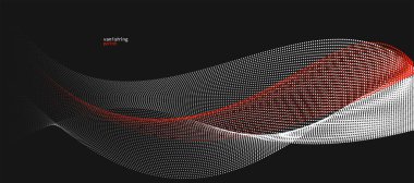 Soyut arkaplan vektör illüstrasyonu, eğri çizgileri ile hareket eden kırmızı ve siyah noktalar, izole parçacık akışı dalgası, tek renkli siyah ve beyaz illüstrasyon.