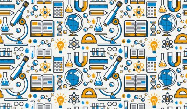 Bilim kusursuz desen, vektör sonsuz arkaplan ikon ya da illüstrasyon, fizik ve kimya duvar kâğıdı olarak ayrı ayrı kullanılabilecek birçok elemente sahip..
