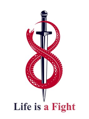 Hançer yılanı öldürür, yılanı yener, kılıç vektör klasik dövmenin etrafına sarar, Hayat bir dövüş konseptidir, alegorik logo ya da antik sembolün amblemidir..