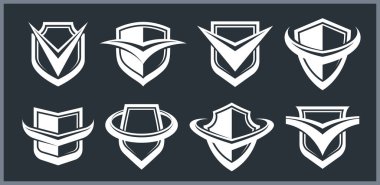 Kalkan logoları vektör seti, farklı mühimmat koruma sembolleri koleksiyonu, antivirüs veya spor teması, sigorta veya garanti.